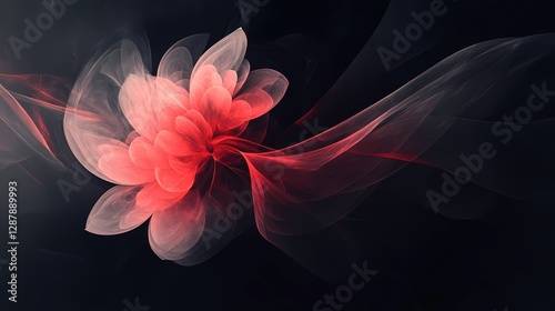 Abstract floral artwork. Delicate, translucent petals in shades of coral and white against a dark background.  Elegantly swirling lines add movement and depth.