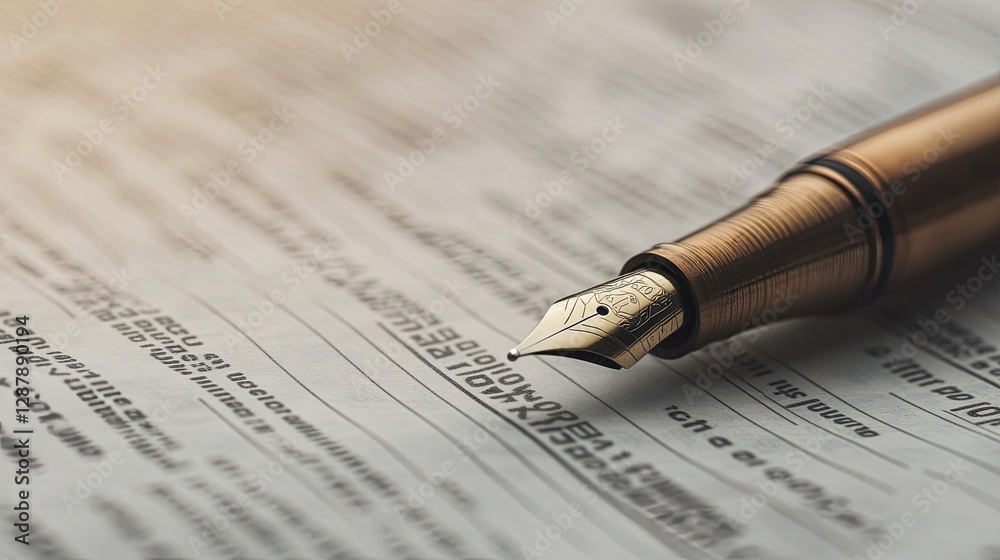Fototapeta premium A close-up of a financial newspaper with a fountain pen resting on it, symbolizing market analysis.