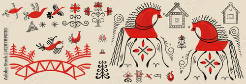 Red black geometric design elements, animals symbolic stickers of Slavic Mezen painting. Traditional Russian ornament style isolated on transparent background. Horses, flowers, symbols, icons.