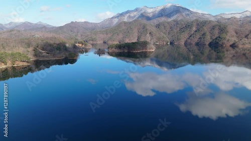 the mountains and skies reflected in the lake