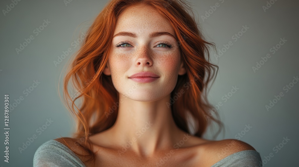 Naklejka premium Woman with red hair and a smile on her face. She is wearing a gray shirt. Concept of happiness and warmth