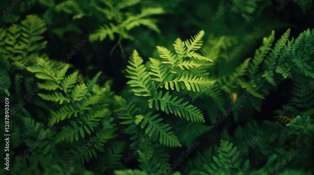 A close-up of a lush fern growing in the shade of a dense forest.