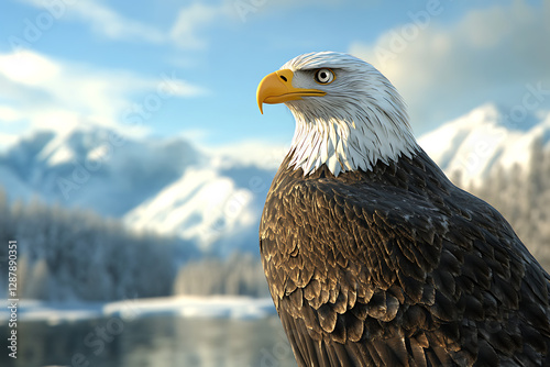 A majestic eagle perched near a serene lake with mountains in the background.