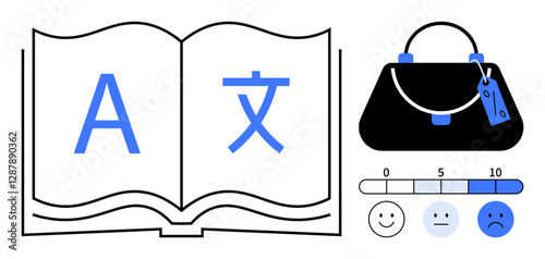 Open book with A and Chinese character, handbag with price tag, satisfaction scale from happy to sad. Ideal for education, shopping, multilingual communication, customer satisfaction, language