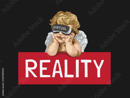 reality slogan with little angel wearing VR headset vector illustration on black background - created by hand drawn