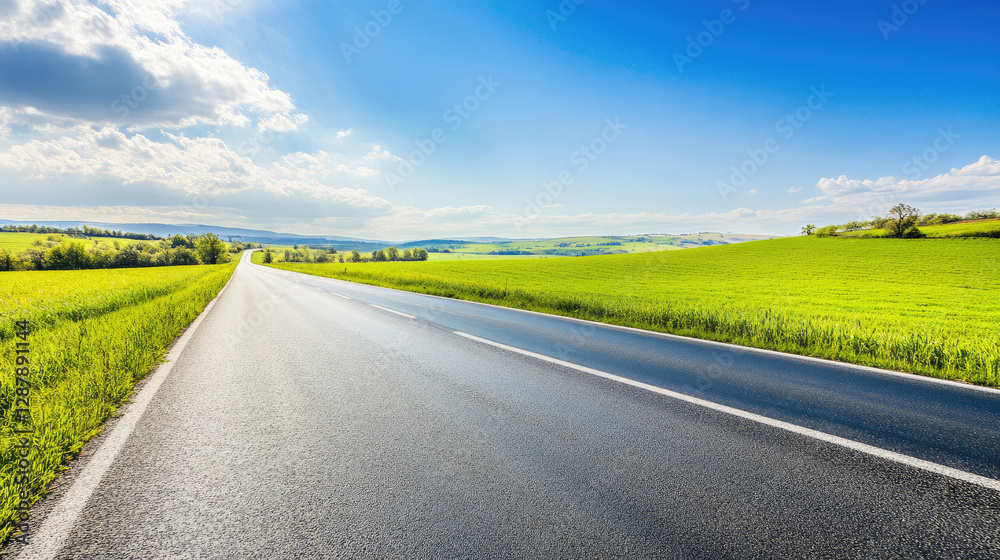 Wide road into distance, flanked by green fields and blue sky. High-definition, horizontal composition. Serene beauty. Wide road into distance, flanked by green fields and blue sky. High-definition, horizontal composition. Serene beauty.