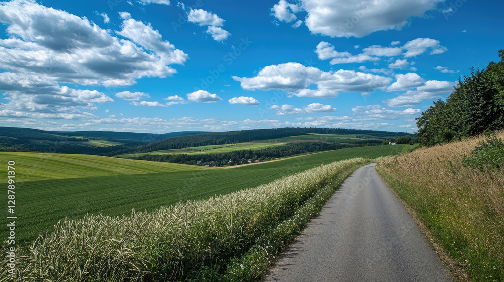 Wide road into distance, flanked by green fields and blue sky. High-definition, horizontal composition. Serene beauty. Wide road into distance, flanked by green fields and blue sky. High-definition, horizontal composition. Serene beauty.