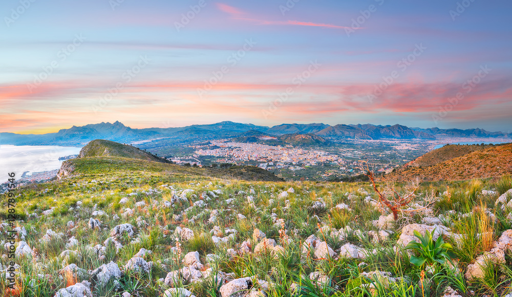 Panoramic view of Bagheria Palermo and Santa Flavia towns and national park Orientata Pizzo Cane