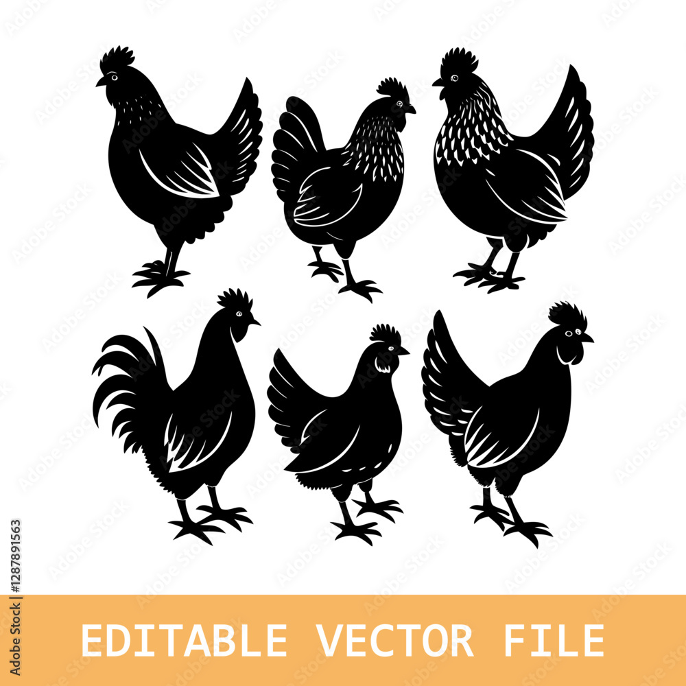 Fototapeta premium Chicken silhouettes set, bird pack of vector silhouette design