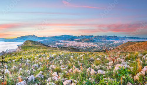 Obraz na płótnie Panoramic view of Bagheria Palermo and Santa Flavia towns and national park Orientata Pizzo Cane w salonie
