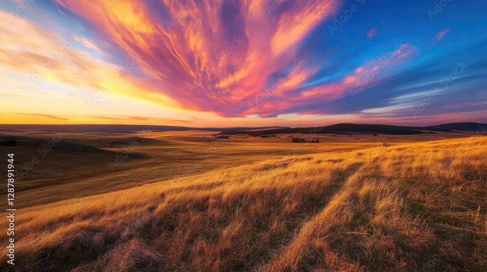 A colorful sunset sky over a vast open field, casting long shadows and a warm glow across the landscape. A colorful sunset sky over a vast open field, casting long shadows and a warm glow across the landscape.