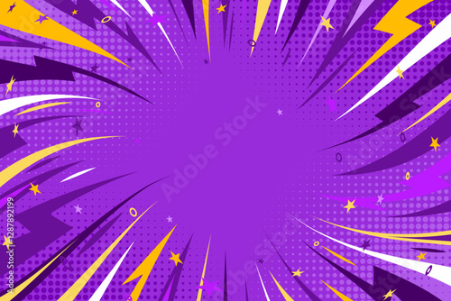 Blank comic book cartoon purple background with thunder lightning. Pop art purple wow background with thunder, halftone and stars. Zoom speed backdrop in purple, white and yellow tones