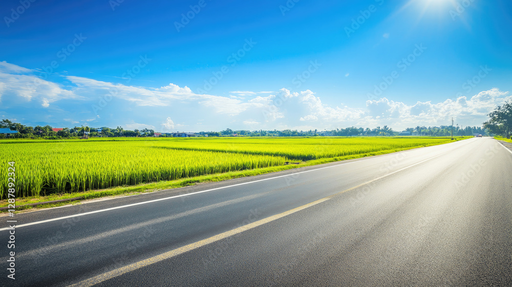 Fototapeta premium Wide road into distance, flanked by green fields and blue sky. High-definition, horizontal composition. Serene beauty.