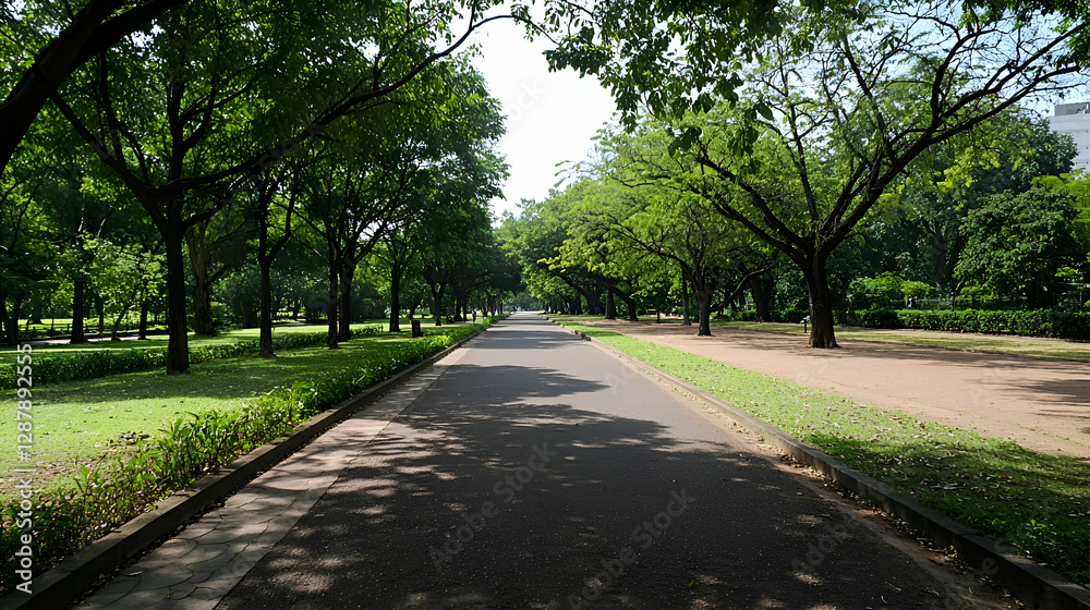 Sun Dappled Pathway Through Lush Green Park Sun Dappled Pathway Through Lush Green Park