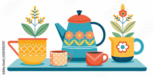 Colorful teapot and cups with floral designs on a tray