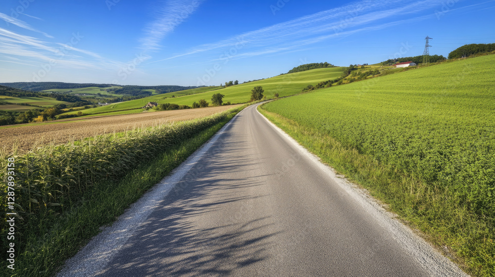Wide road into distance, flanked by green fields and blue sky. High-definition, horizontal composition. Serene beauty. Wide road into distance, flanked by green fields and blue sky. High-definition, horizontal composition. Serene beauty.