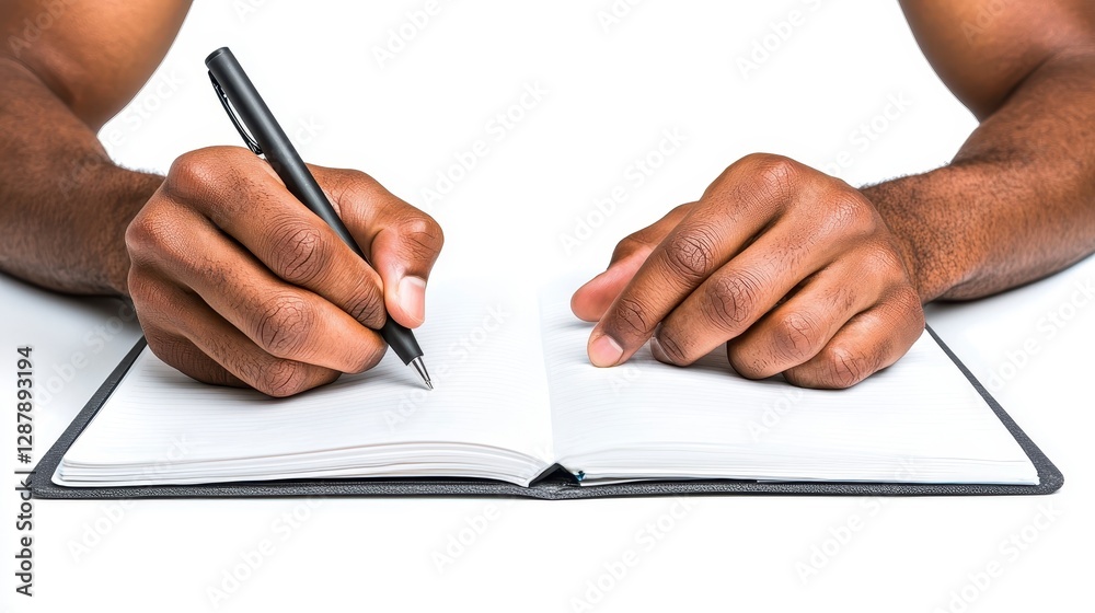 Close-Up of Hands Writing in an Open Notebook with a Black Pen on a White Background Close-Up of Hands Writing in an Open Notebook with a Black Pen on a White Background