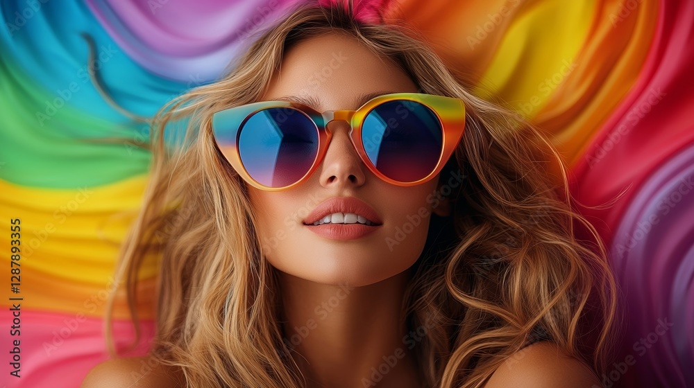 Fototapeta premium Woman wearing colorful sunglasses is laying on a colorful background. Concept of fun and playfulness, as the woman's sunglasses and the colorful background create a vibrant and cheerful atmosphere