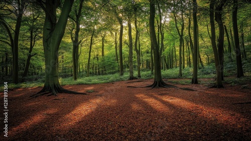 A dense woodland with a carpet of fallen leaves, patches of sunlight breaking through the canopy above.