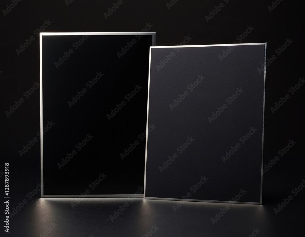 Two sleek, glass frames on a dark background, creating a modern and minimalist aesthetic. Two sleek, glass frames on a dark background, creating a modern and minimalist aesthetic.