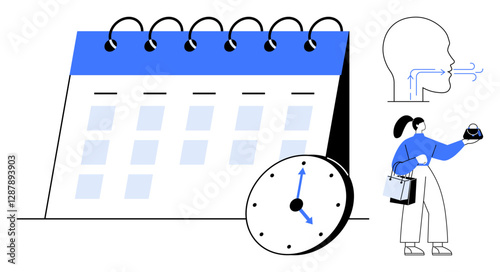 Calendar marking, clock ticking, person practicing breathing exercises, and another carrying a coffee cup. Ideal for time management, productivity, health, mindfulness, planning scheduling stress