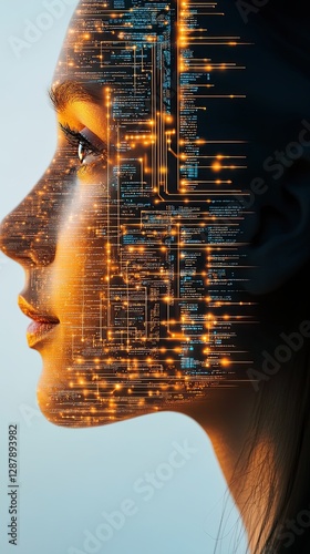 cozy home workspace Scandinavian office A futuristic portrait blending human features with digital elements and vibrant circuitry.