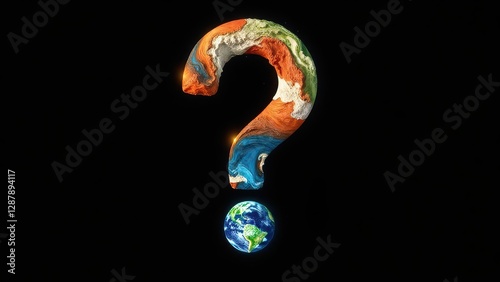 a question mark that appears to be formed from a blend of Earth and water, with a glowing effect and a small Earth at the base, on a dark backdrop
