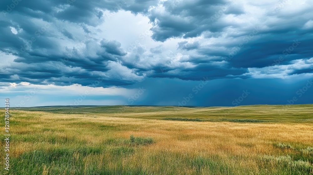 A dramatic thunderstorm approaching over an open prairie, with dark clouds filling the sky. A dramatic thunderstorm approaching over an open prairie, with dark clouds filling the sky.
