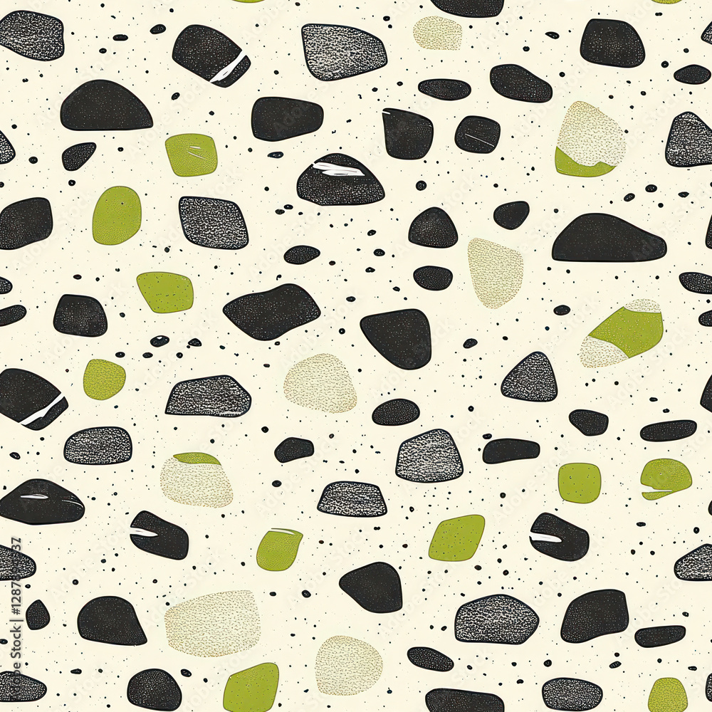 Terrazzo texture scattered black, white, & green stones on cream background with speckles Terrazzo texture scattered black, white, & green stones on cream background with speckles