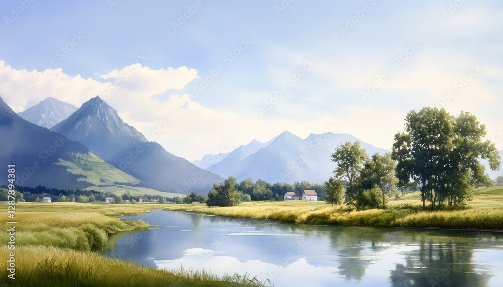 Mountain valley landscape, calm river, sunny day Mountain valley landscape, calm river, sunny day