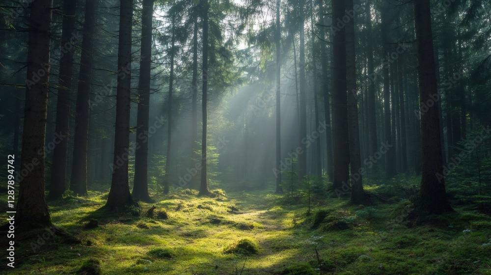 Obraz premium Sunbeams filtering through fog in a lush green forest