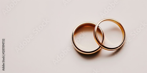 Golden wedding rings on pink background, symbol of marriage