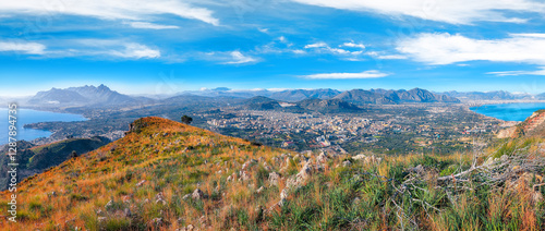 Obraz na płótnie Panoramic view of Bagheria Palermo and Santa Flavia towns and national park Orientata Pizzo Cane w salonie