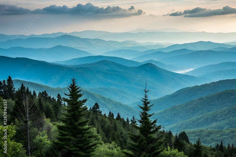 Obraz premium Misty Mountain Landscape: Evergreen Forests & Serene Wilderness Views