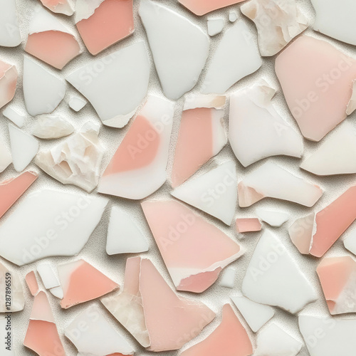 Tile shards scattered. Pink, white fragments. Random placement. Flat lay background