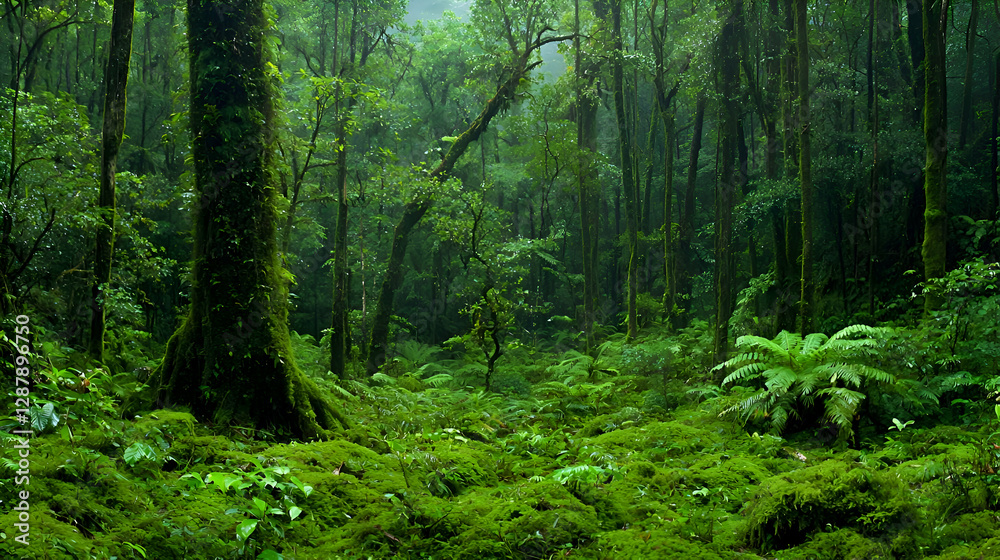 Obraz premium Lush Green Rainforest Landscape with Moss Covered Trees