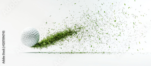 Dynamic golf ball striking the turf with flying grass, showcasing the sport's energy in a studio setting