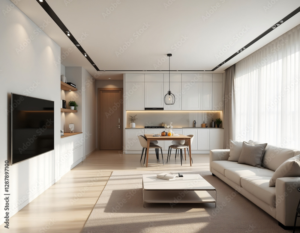 Fototapeta premium Elevation rendering a modern living room with white color built-in Wall Paneling and tv cabinet.