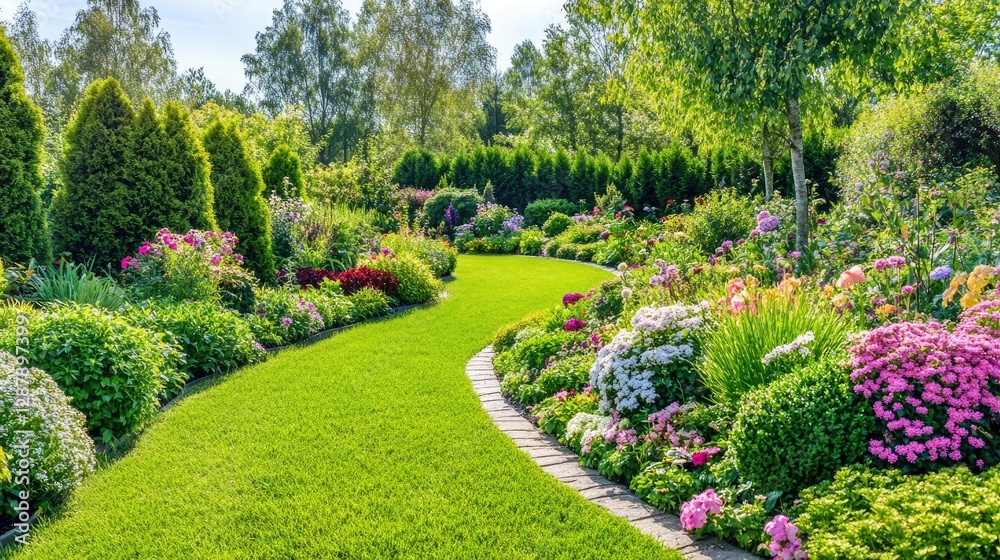 Obraz premium A lush and healthy garden with a variety of plants, flowers, and bushes arranged in neat rows.