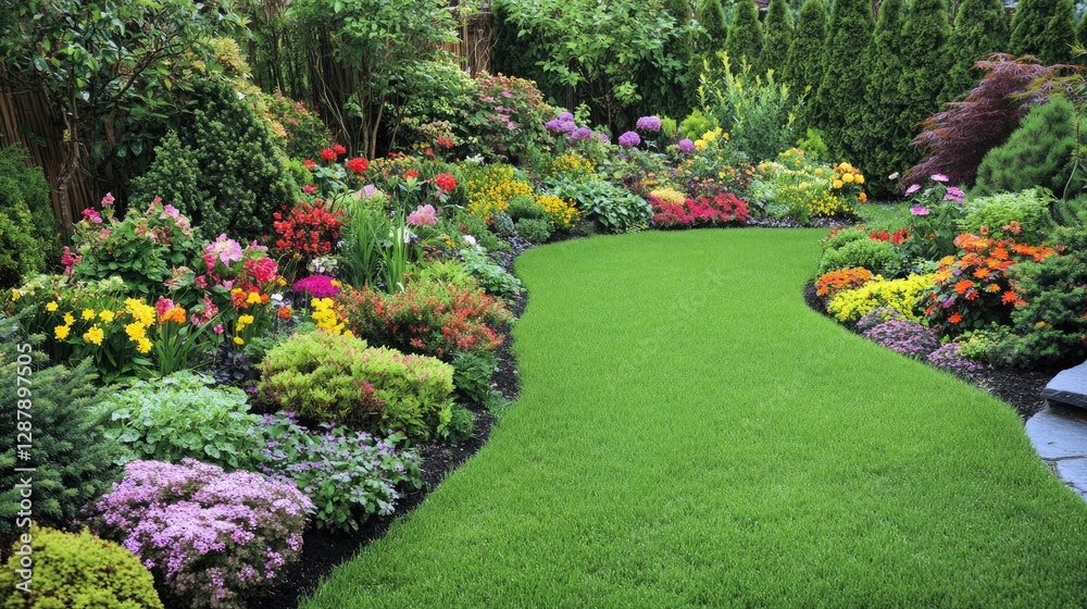 Fototapeta premium A lush and healthy garden with a variety of plants, flowers, and bushes arranged in neat rows.