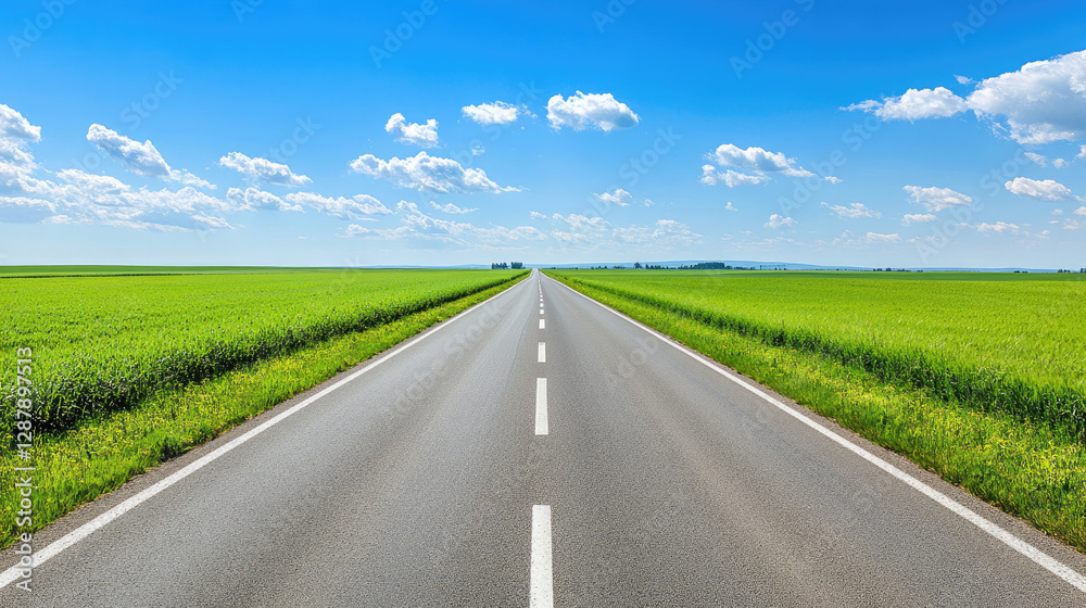 Wide road into distance, flanked by green fields and blue sky. High-definition, horizontal composition. Serene beauty. Wide road into distance, flanked by green fields and blue sky. High-definition, horizontal composition. Serene beauty.