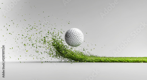 Dynamic golf ball soaring above freshly cut grass in a studio setting, capturing the excitement of a perfect swing and the energy of the sport