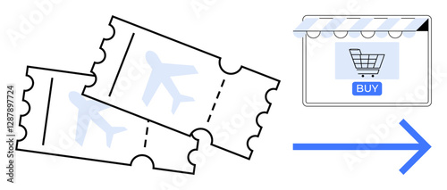 Pair of airline tickets next to online shopping cart interface indicating travel purchase. Ideal for online shopping, travel booking, e-commerce, digital transactions, holiday planning, web