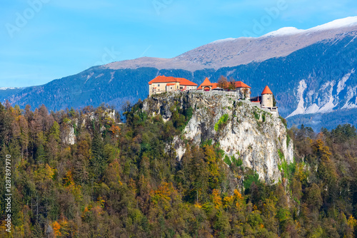 Medieval castle on Bled lake in Slovenia photo