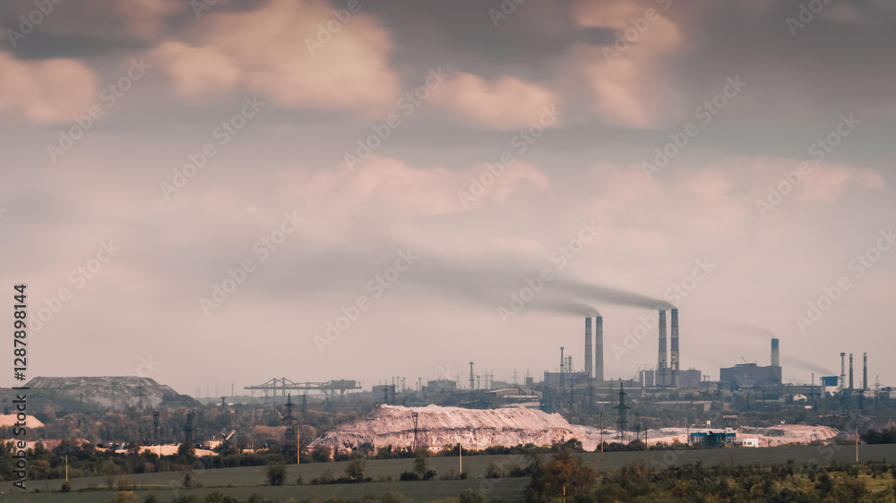 panorama view of the factory with smoking chimneys and the sky with clouds in Ukraine Mariupol panorama view of the factory with smoking chimneys and the sky with clouds in Ukraine Mariupol