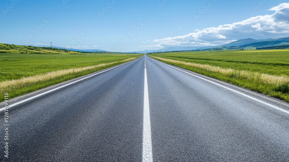 Wide road into distance, flanked by green fields and blue sky. High-definition, horizontal composition. Serene beauty. Wide road into distance, flanked by green fields and blue sky. High-definition, horizontal composition. Serene beauty.