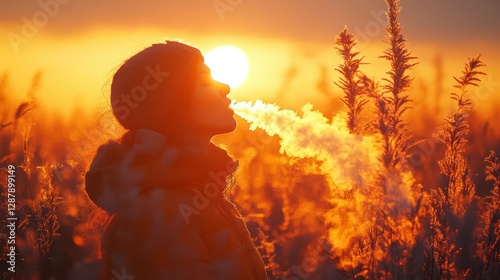 Woman Exhaling Vapor Under Bright Sunset in Grassy Field