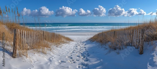 Snowy beach path leads to ocean, blue sky, fluffy clouds, wooden fence, footprints.