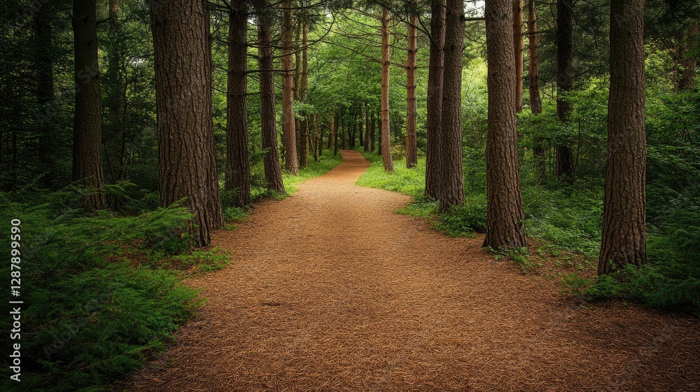 Fototapeta premium A narrow path winding through an evergreen forest, with tall trees lining both sides and the ground covered in pine needles.