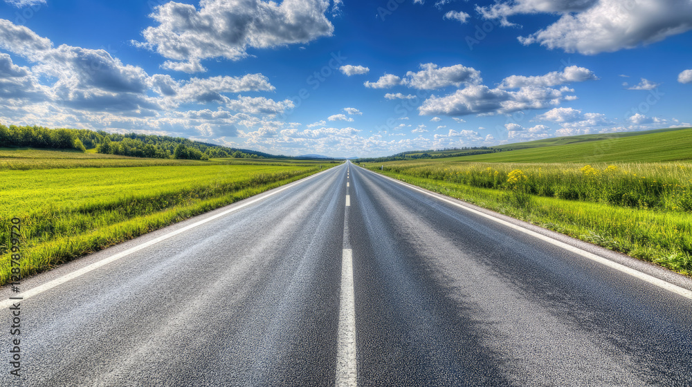Wide road into distance, flanked by green fields and blue sky. High-definition, horizontal composition. Serene beauty. Wide road into distance, flanked by green fields and blue sky. High-definition, horizontal composition. Serene beauty.